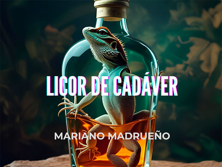 Licor de cadáver. Botella con lagarto dentro